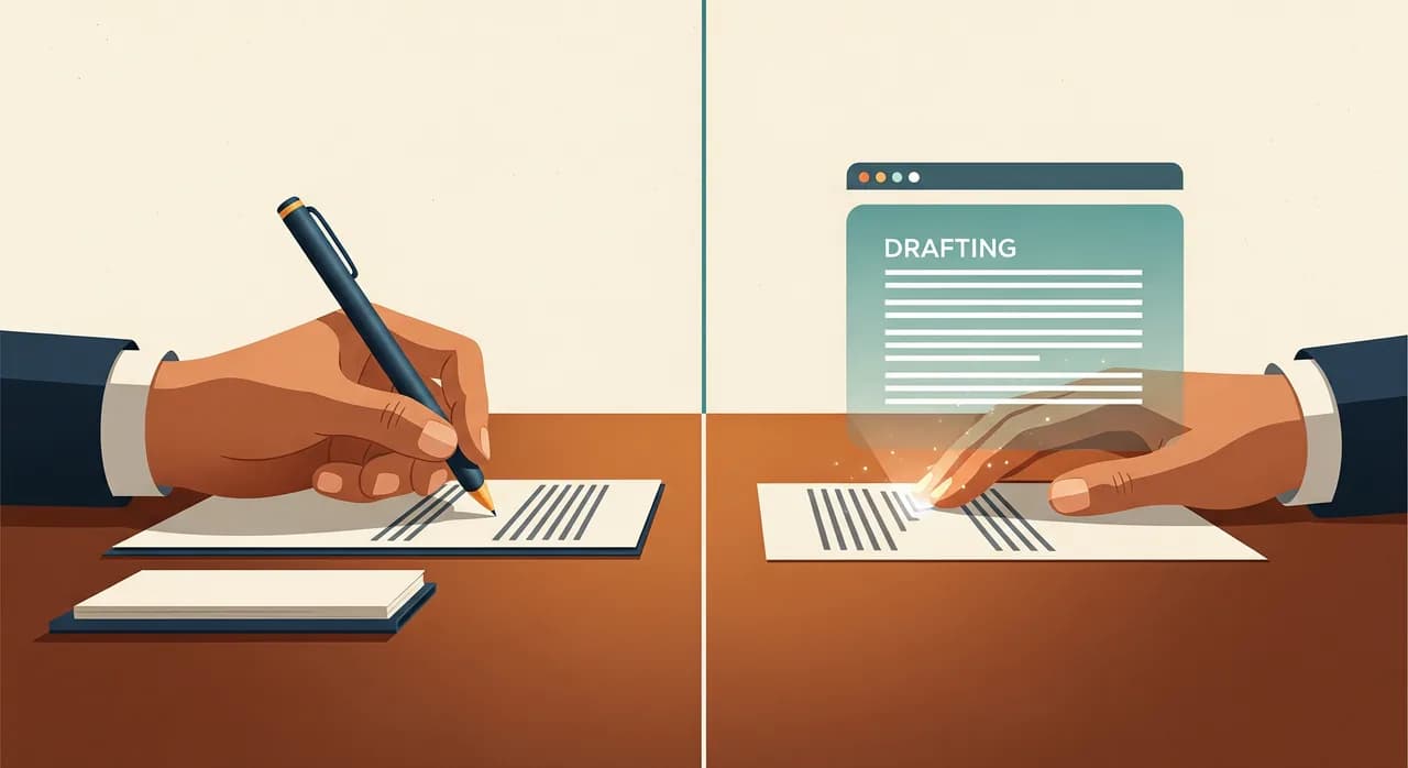 A split-screen editorial illustration: on the left a calm human hand signing a document at a desk, on the right a glowing AI interface drafting text — a clear line down the middle separating decision from draft