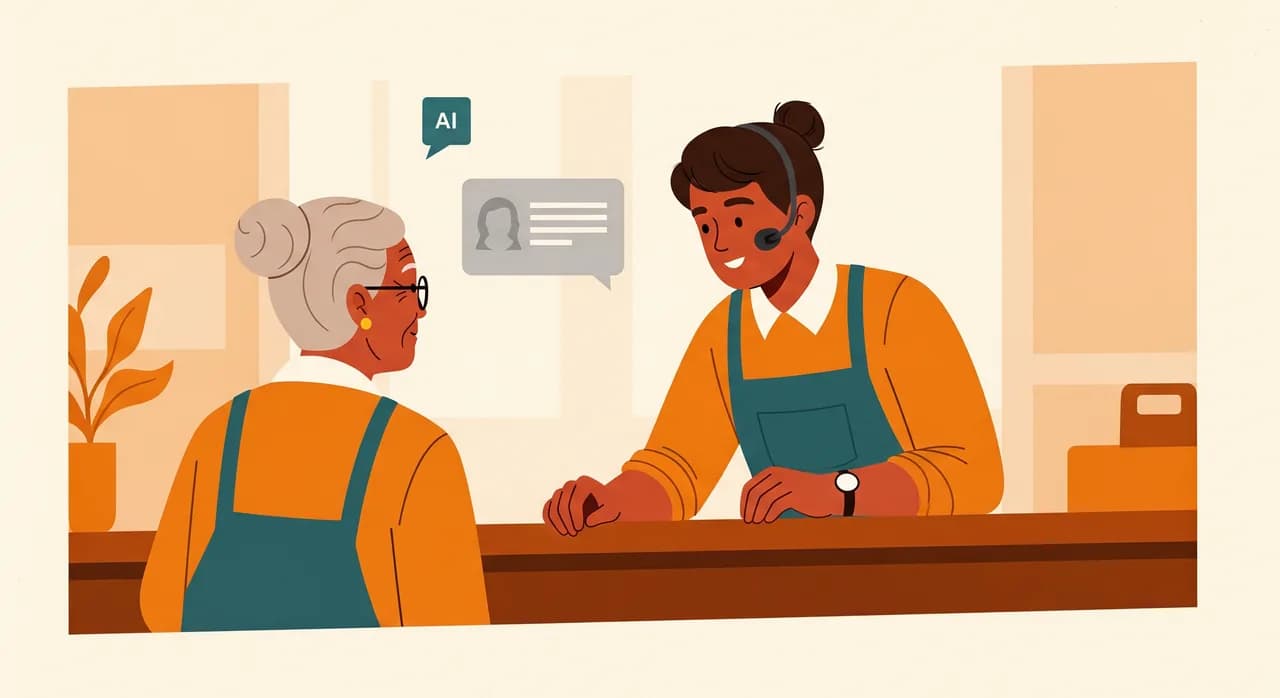 A warm illustration of a small-shop owner leaning across the counter, genuinely listening to an older customer, with a small AI chat window faded and grey in the background