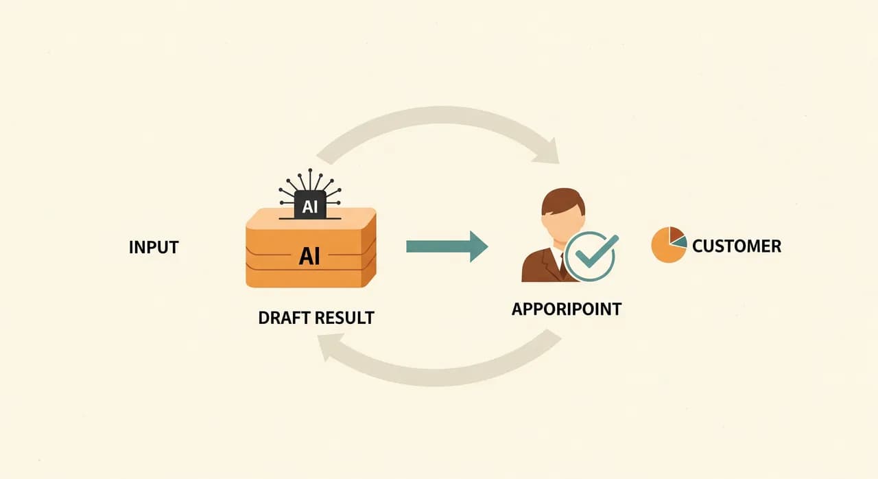 A clean editorial diagram of a workflow loop: input flows into an AI block that drafts a result, then passes to a human checkpoint icon that approves or corrects before anything reaches the customer