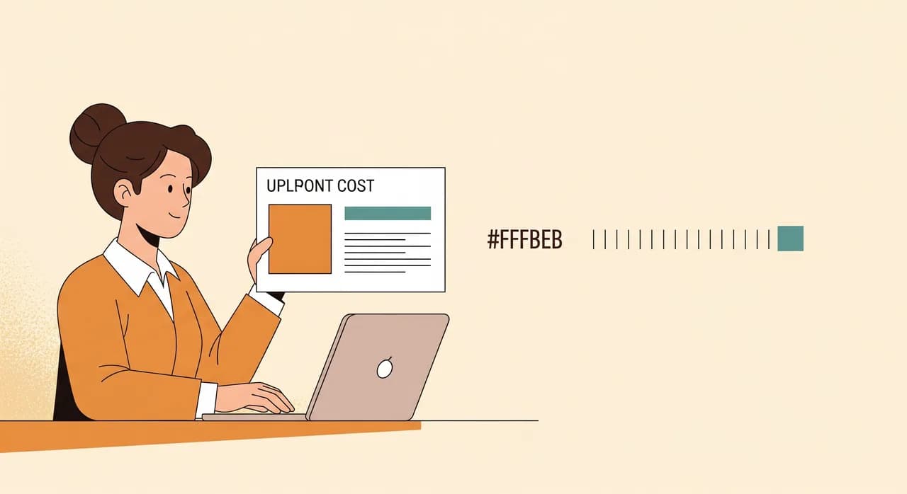 Majitel malé firmy u notebooku prohlížející jednoduchý graf nákladů, s jedním velkým počátečním blokem a tenkou opakující se linkou táhnoucí se doprava, vřelá a klidná ilustrace
