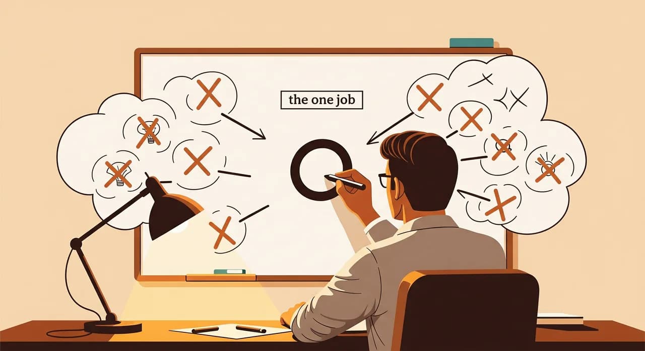 A founder at a desk drawing a single bold circle on a whiteboard labelled 'the one job', with a cloud of crossed-out feature ideas pushed to the edges, warm focused lighting