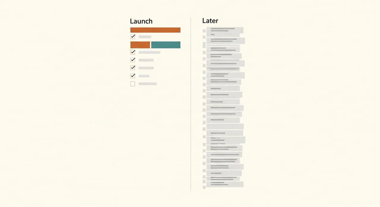 A clean two-column illustration: a short 'Launch' list with a few checked items on the left, and a tall 'Later' list overflowing with greyed-out feature cards on the right, editorial flat style