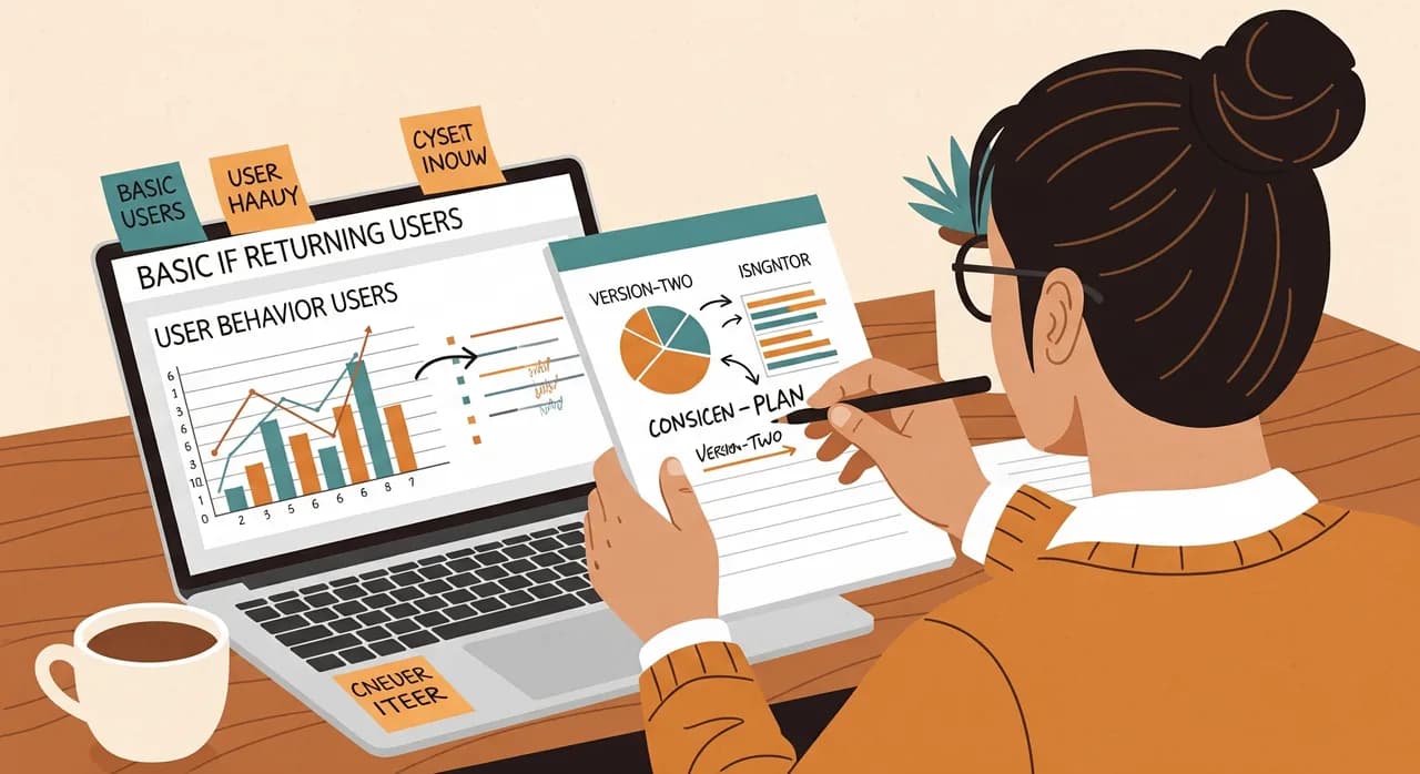 A founder reviewing a simple chart of returning users on a laptop, with handwritten notes and arrows turning user behaviour into a short version-two plan, calm focused workspace