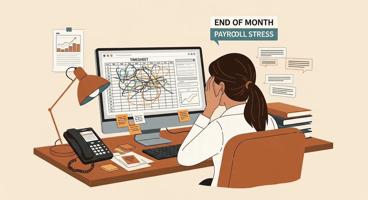 An overwhelmed office manager at a desk surrounded by a chaotic timesheet spreadsheet on screen, sticky notes and a phone full of messages, end-of-month payroll stress in muted editorial style