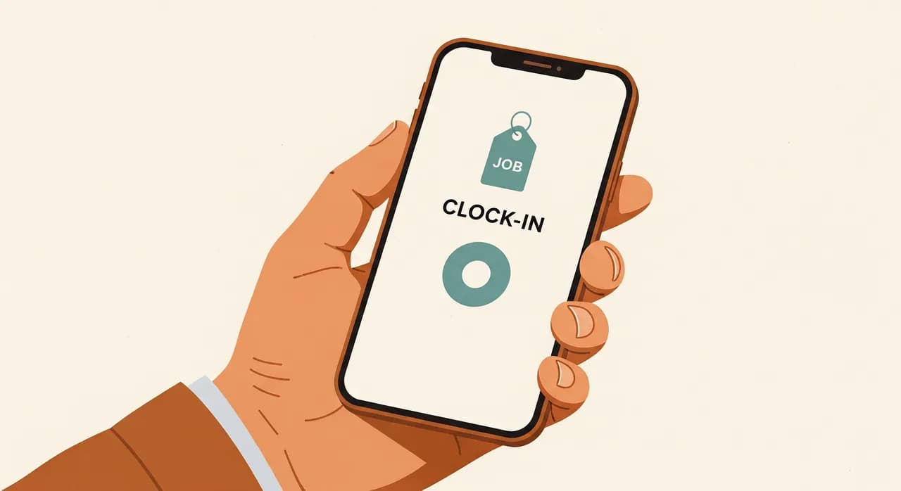 A close-up of a hand holding a smartphone showing a simple clock-in screen with a single large button and a job tag, on a job site, clean and reassuring flat illustration