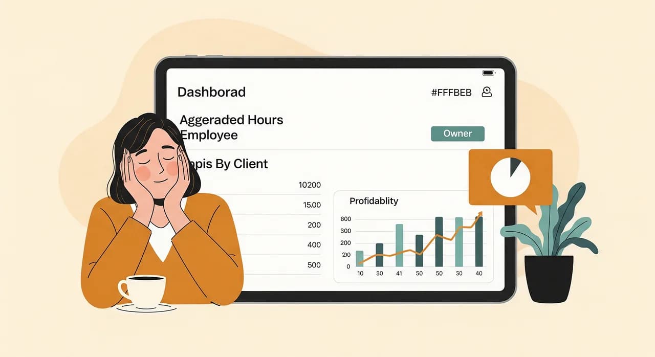A calm dashboard view on a tablet showing hours rolled up by employee and by client, with a small profitability chart, owner looking relieved, clean modern editorial illustration
