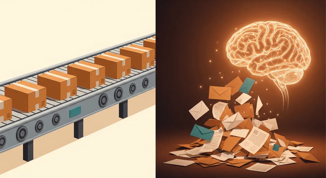 A split editorial illustration: on the left, a clean mechanical conveyor belt moving identical boxes along a fixed track; on the right, a glowing neural-style brain sorting a messy pile of mismatched papers and envelopes, warm flat colours