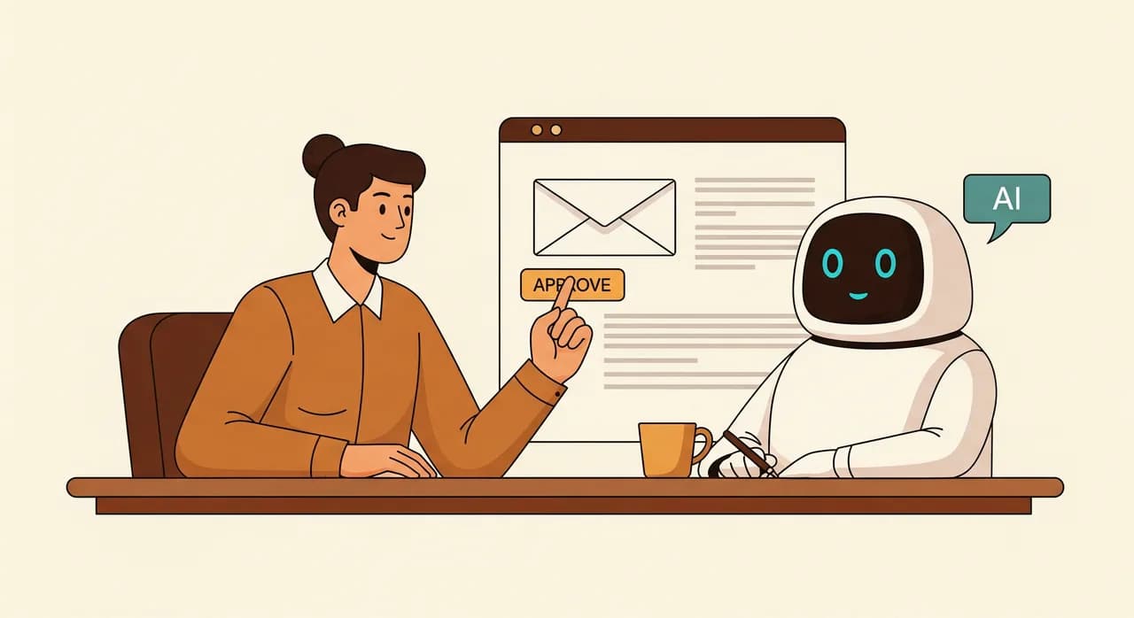 An illustration of a small-business worker at a desk with an AI assistant beside them reviewing a drafted email on screen, the human's hand hovering over an approve button, warm and reassuring flat style
