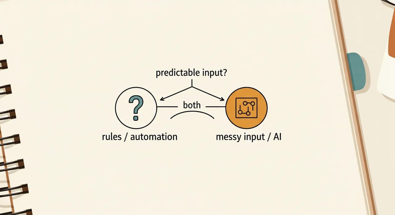 A clean decision-flow diagram on a notebook page: a single question 'predictable input?' branching into 'rules / automation' on one side and 'messy input / AI' on the other, with a small bridge labelled 'both' in the middle, hand-drawn editorial style