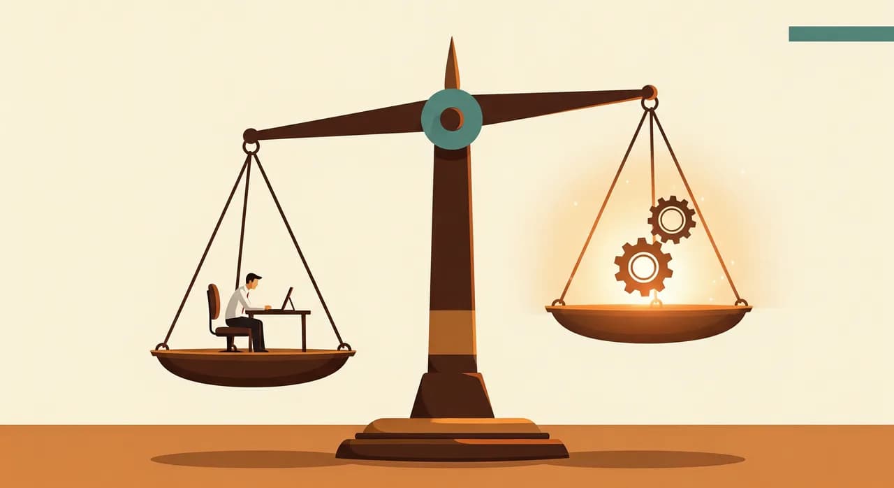 Eine Balkenwaage auf einem Schreibtisch, eine Schale mit einer kleinen Figur eines Büroangestellten, die andere mit einem leuchtenden Software-Zahnrad-Symbol, in ruhiger redaktioneller Beleuchtung
