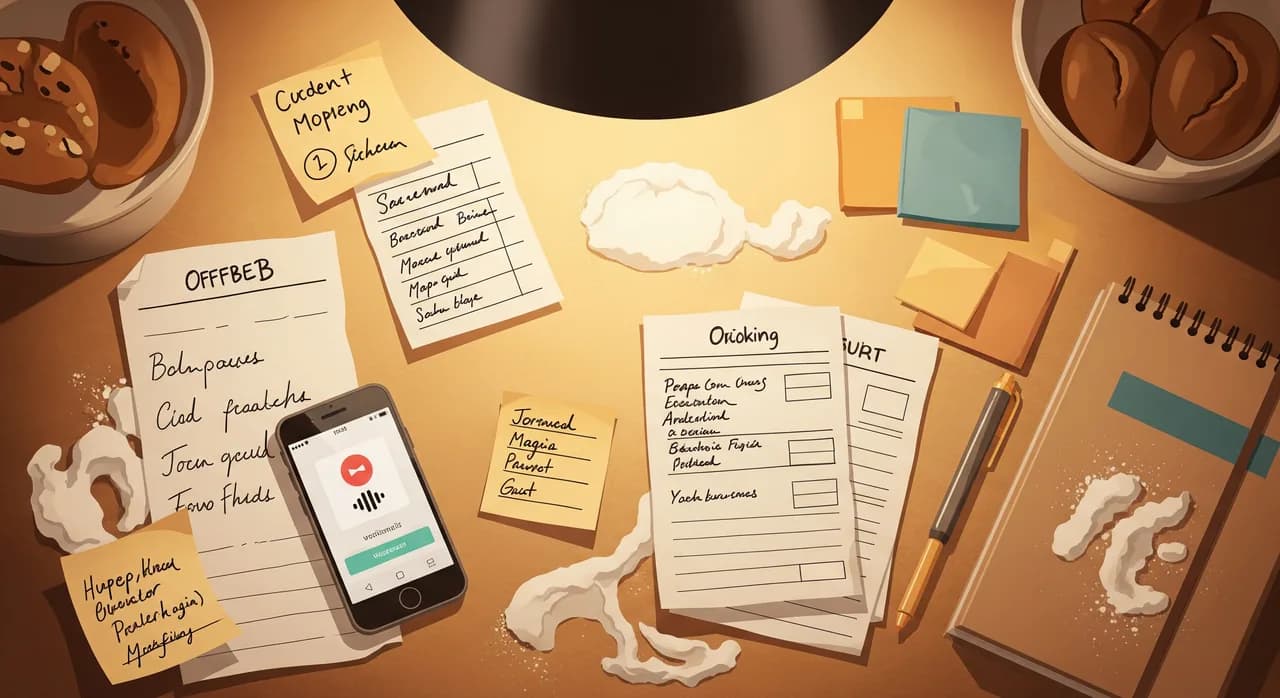 An early-morning bakery prep bench cluttered with handwritten paper order slips, sticky notes, a mobile phone showing voicemails and a flour-dusted notebook, lit by warm overhead light