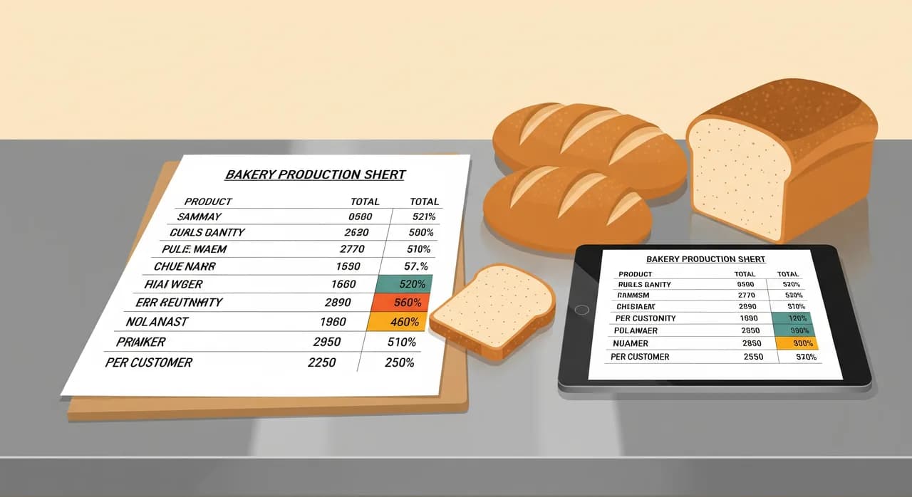 A clean printed bakery production sheet on a stainless steel table, listing product names with total quantities and a per-customer breakdown, next to fresh loaves and a tablet showing the same data