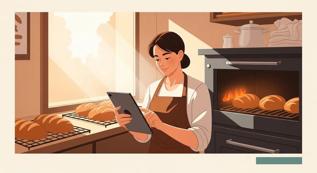 A relaxed bakery owner in an apron checking a tablet by the oven with a calm expression, fresh bread on cooling racks behind, soft daylight coming through the window — a noticeably calmer scene than the early chaos