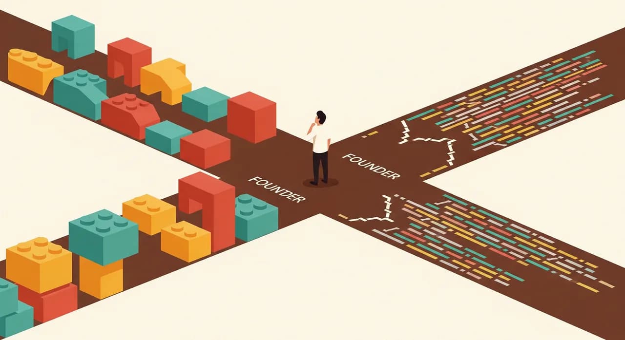 A fork in a road drawn in a clean editorial flat style, one path made of colourful drag-and-drop blocks and the other made of neat lines of code, a founder standing at the junction deciding