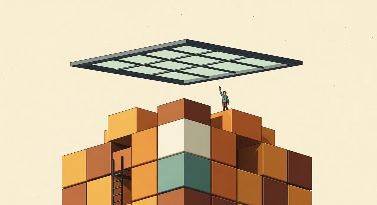 An illustration of a glass ceiling above a building made of bright modular no-code blocks, a small figure on the roof reaching up and touching the limit, warm muted editorial palette