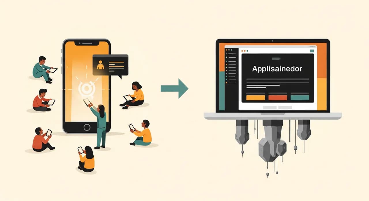 A two-stage illustration: on the left a quick no-code prototype glowing on a phone with a small crowd of early users, an arrow leading right to a solid well-engineered application on a laptop with strong foundations beneath it, warm optimistic editorial style