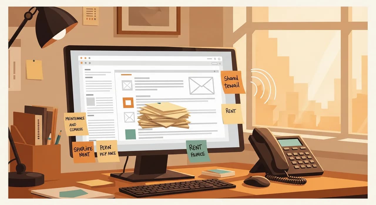 A busy property management office desk with a single overloaded shared email inbox open on screen, sticky notes about maintenance and rent stuck around the monitor, a desk phone mid-ring, warm daylight from a window