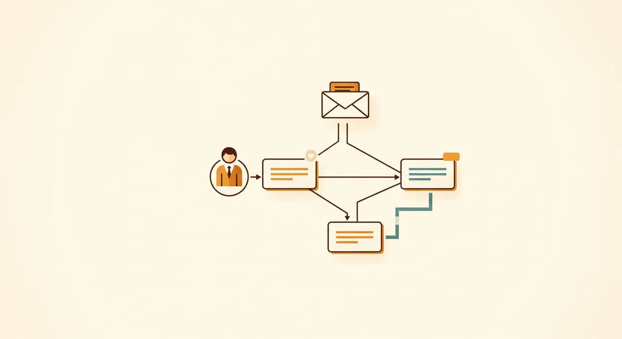 A clean editorial flow diagram showing a single tenant message branching into four labeled paths — AI answer, smart triage, automatic data entry, maintenance loop — with a human figure clearly positioned at the decision points, flat warm style