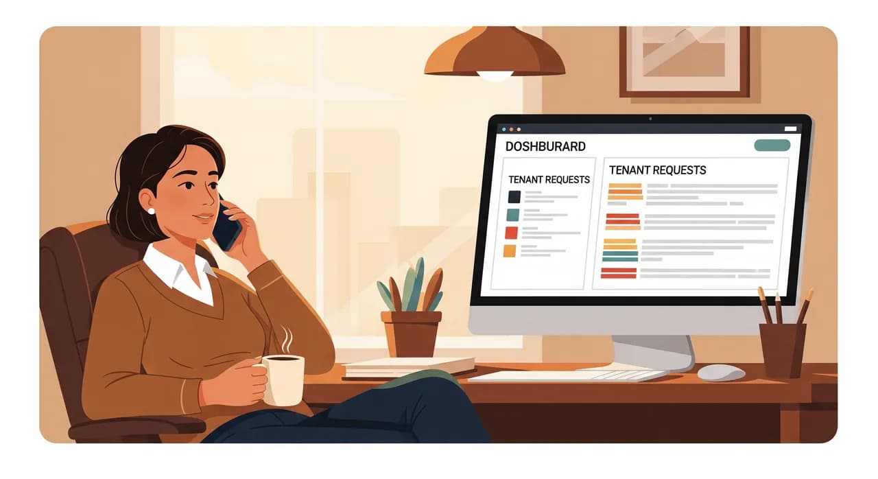 The same property management office now calmer, an organized dashboard on screen showing color-coded tenant requests sorted by urgency, a staff member relaxed and talking on the phone with a coffee, soft warm afternoon light