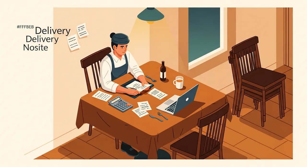 A restaurant owner sitting alone at a corner table after closing, surrounded by paper delivery notes, a calculator and a laptop, warm dim evening light, empty chairs stacked in the background