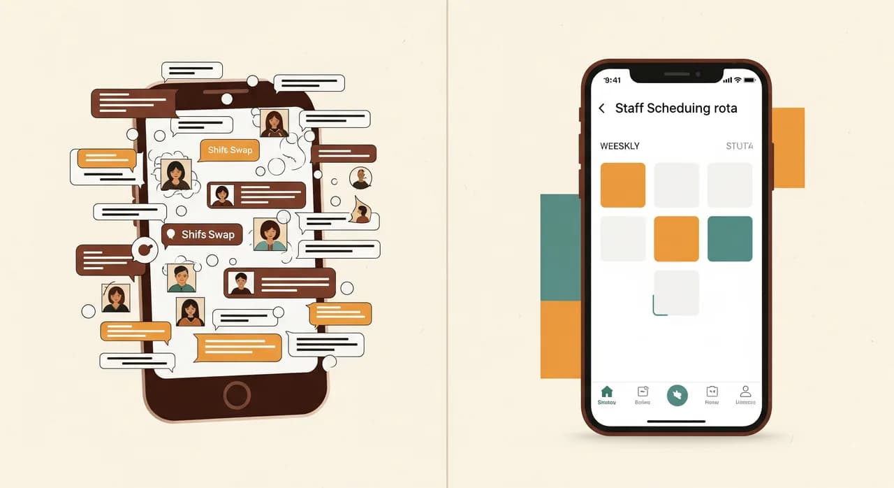 Split-screen illustration: on the left a chaotic phone group chat full of shift-swap messages, on the right a clean staff scheduling app showing a weekly rota on a phone, flat editorial style, calm colours