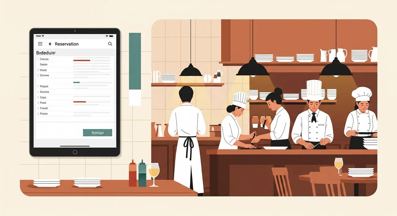 A calm, organised restaurant pass during evening service, a tablet on the wall showing a clean schedule and reservations, chef and staff working unhurried, warm inviting light, no clutter