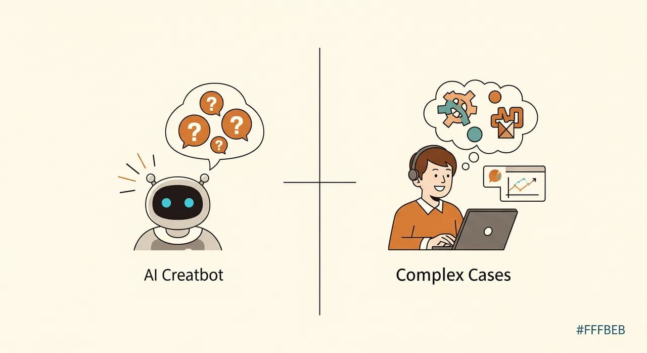 Un diagramma semplice diviso in due: a sinistra un chatbot IA che risolve con sicurezza domande comuni e ripetitive, a destra un membro umano del team soddisfatto che gestisce i pochi casi complessi con contesto completo, stile editoriale pulito