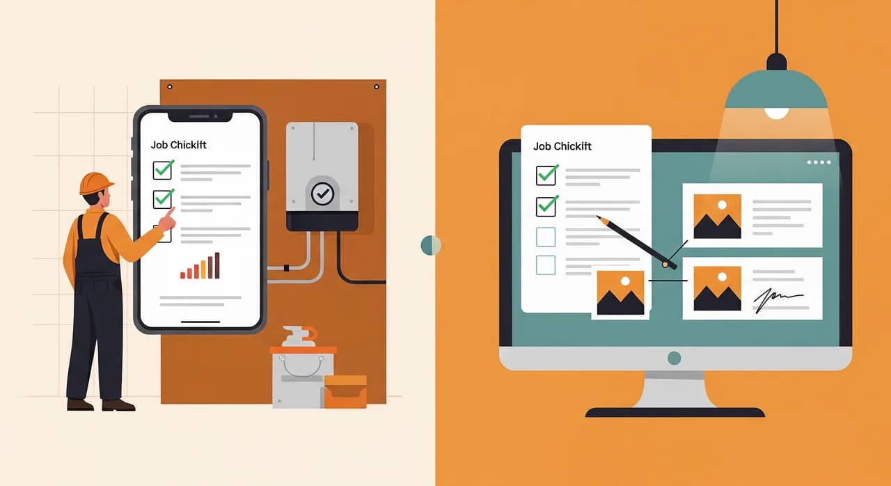 Delt redaktionel illustration: til venstre en tekniker i et teknikrum, der trykker på en opgavetjekliste på en telefon uden dækningssøjler, til højre en kontorskærm, der viser den samme opgave dukke op øjeblikkeligt med fotos og en underskrift