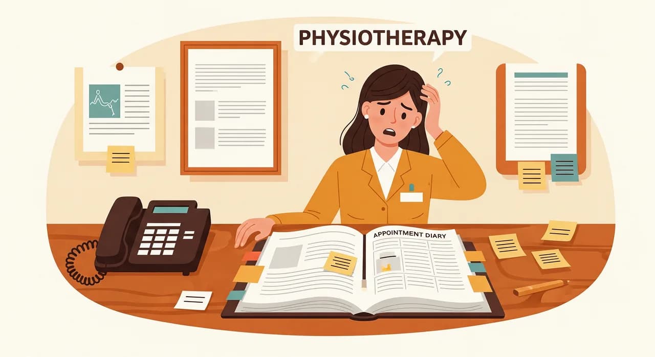 A busy physiotherapy clinic reception desk with a ringing phone, a paper appointment diary open, sticky notes, and a slightly overwhelmed receptionist, illustrated in a warm flat editorial style