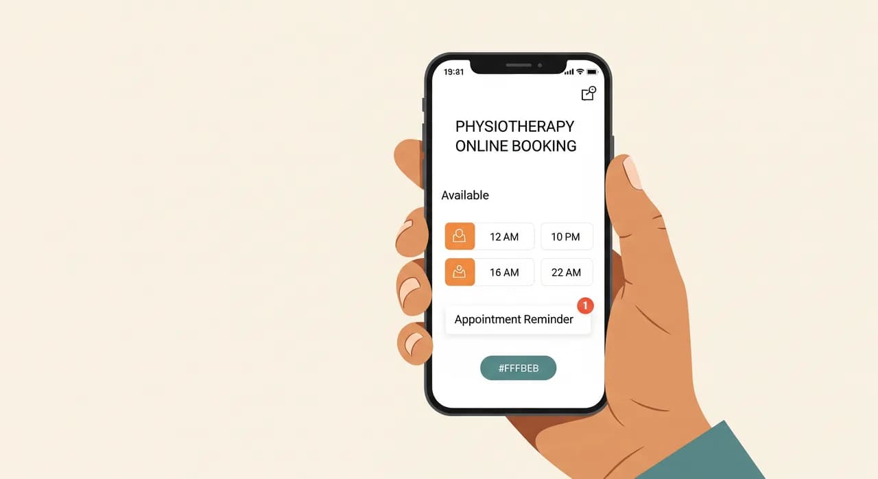 A clean smartphone screen showing a physiotherapy online booking interface with available time slots and an appointment reminder notification, held in a patient's hand, illustrated in a calm modern flat style