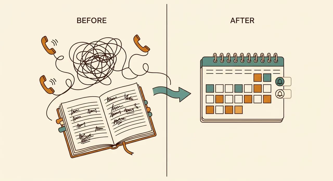 A simple before-and-after diagram showing a chaotic tangle of phone calls and a paper diary on the left flowing into a calm single calendar with automatic reminders on the right, clean editorial line style