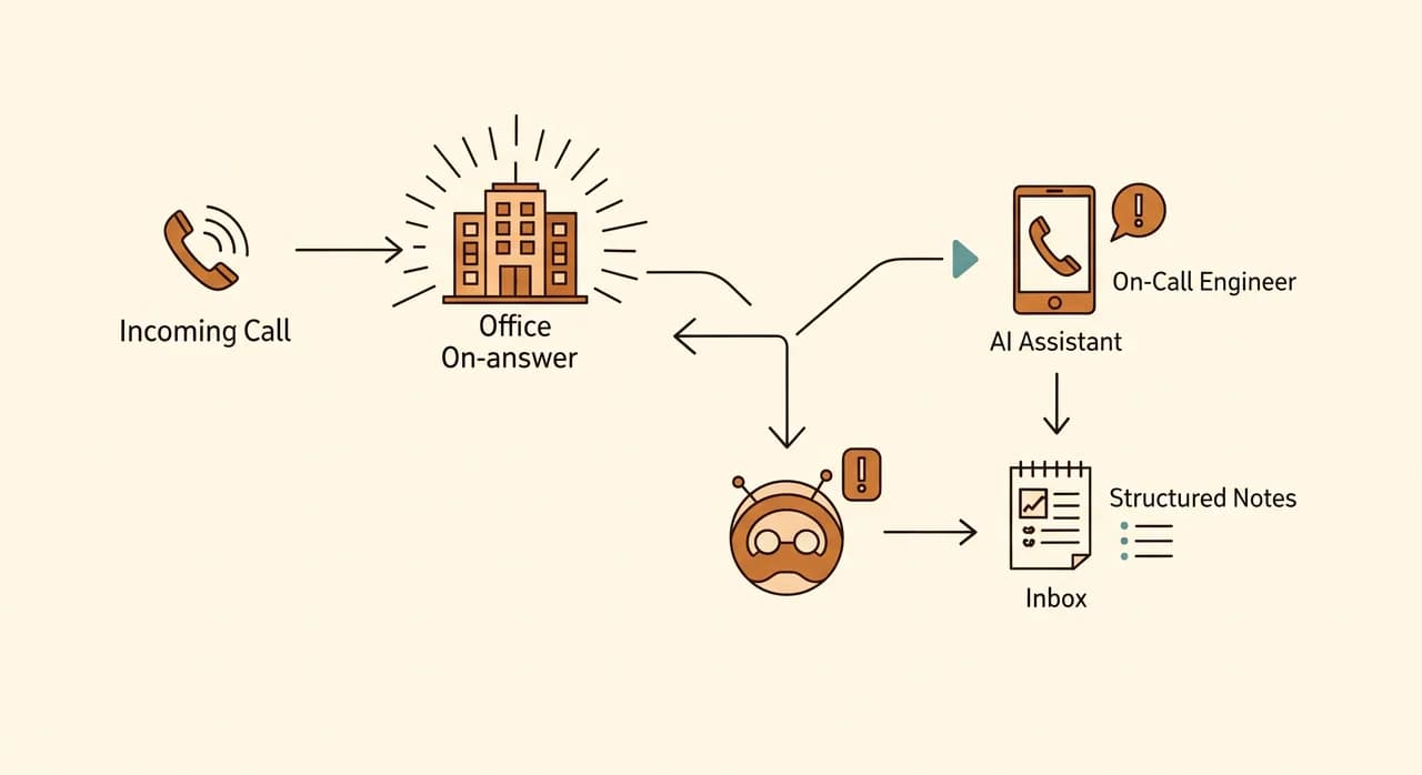Et rent redaktionelt diagram over et opkaldsflow: et indgående opkald ringer på kontoret, og ved intet svar forgrener det til en AI-assistent, der deler sig i to veje — hastende opgaver skubbes til en vagtmontørs telefon, og rutineforespørgsler lægges som strukturerede noter i en kontorindbakke