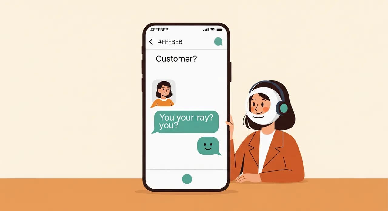 A friendly illustrated chat window on a phone screen, with a customer asking a question and a calm chatbot replying, set against a clean light desk background