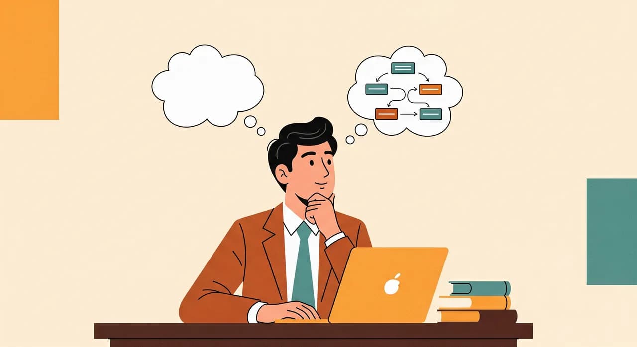An illustrated small-business owner at a desk thinking, with two thought bubbles above: one a simple speech bubble, one a small flowchart of connected actions, suggesting a decision between the two