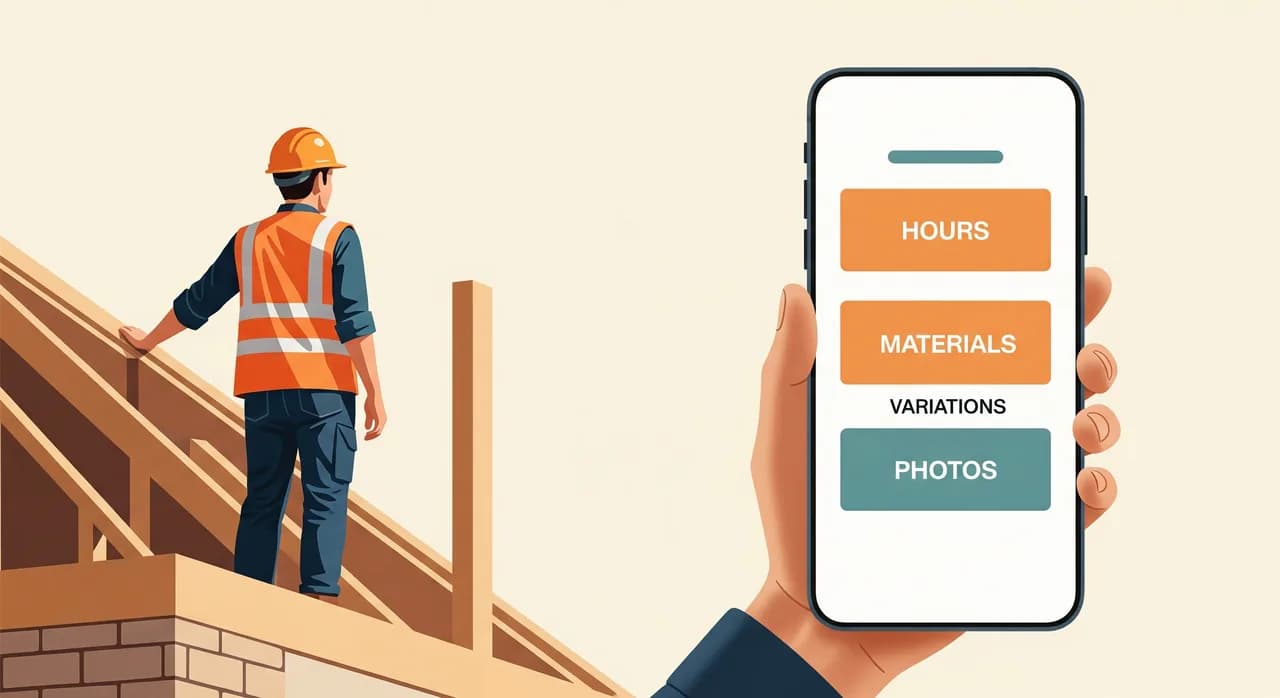 En byggepladsformand i refleksvest og hjelm står på en halvfærdig tilbygning og holder en smartphone, der viser en ren, simpel app med fire store knapper til timer, materialer, ændringer og billeder, naturligt dagslys, realistisk