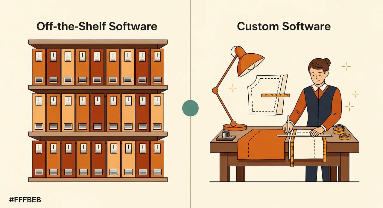 Eine geteilte Illustration: links ein ordentliches Regal mit identischen beschrifteten Schachteln als Sinnbild für Standardsoftware; rechts eine Schneiderwerkbank, an der Stoff abgemessen und passend zugeschnitten wird, als Sinnbild für Individualsoftware. Warmer, klarer redaktioneller Flat-Stil.