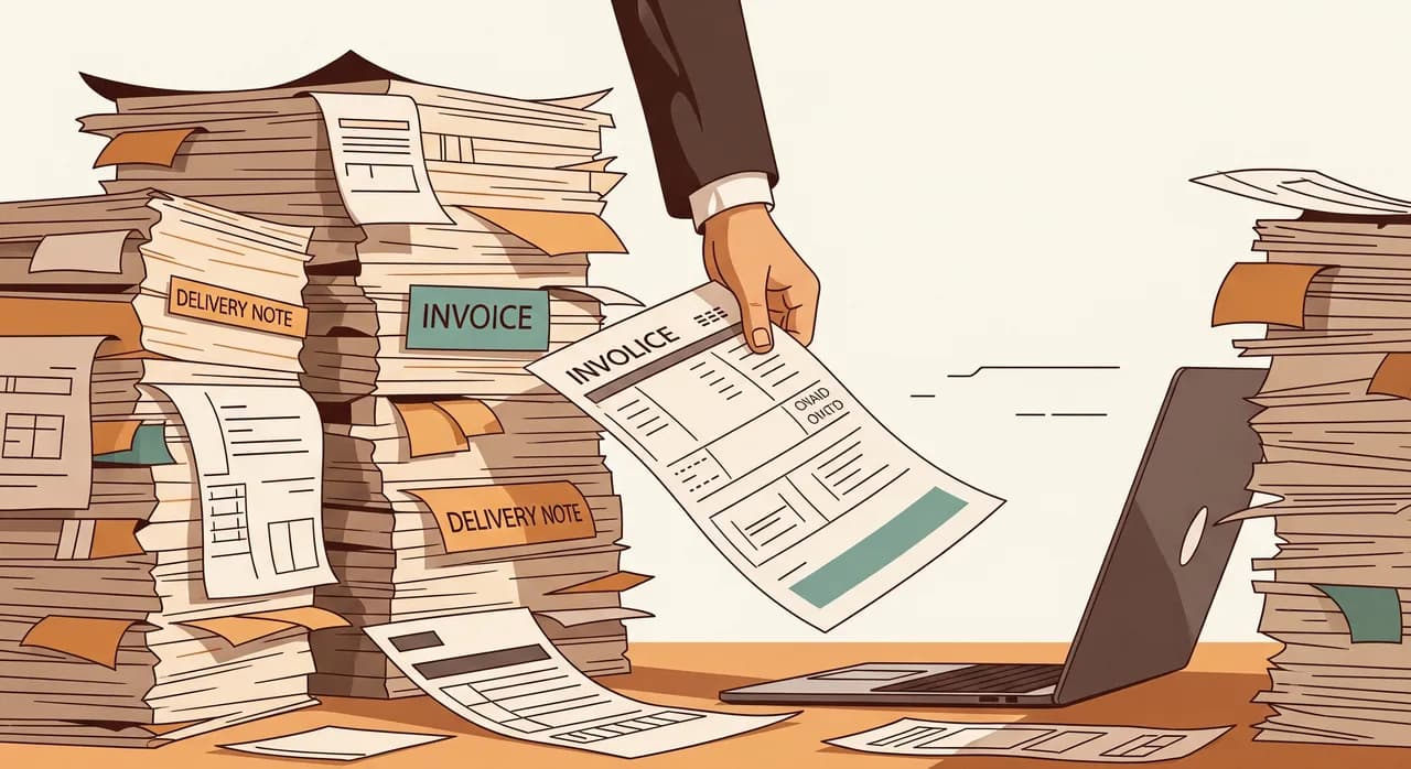 An overwhelmed back-office desk piled with paper invoices, delivery notes and forms, with a single highlighted document being lifted out of the stack toward a laptop, warm editorial illustration