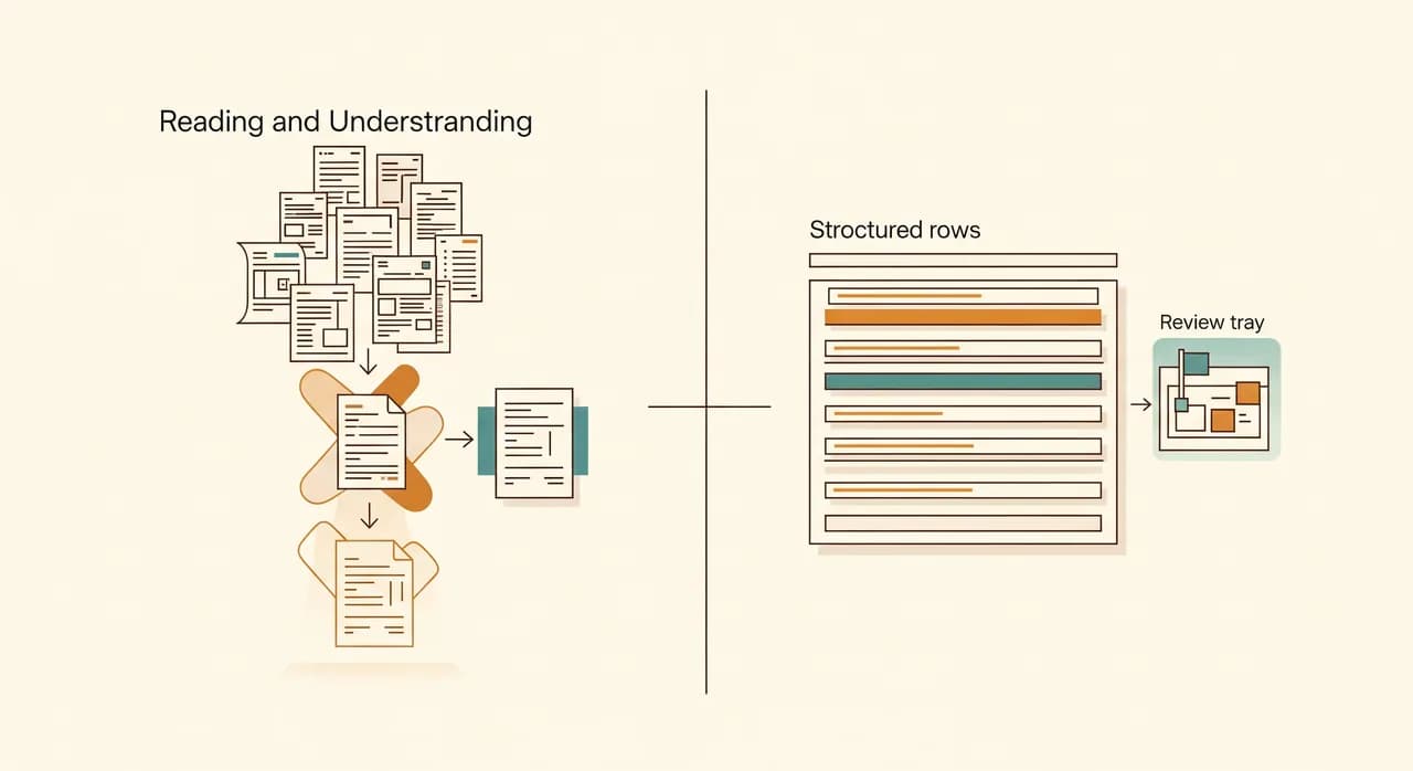 A clean split-screen diagram: on the left a varied stack of invoices and forms flowing through a stylised reading-and-understanding pipeline, on the right tidy structured rows landing in an accounting system, with a small review tray for flagged items, minimalist editorial style