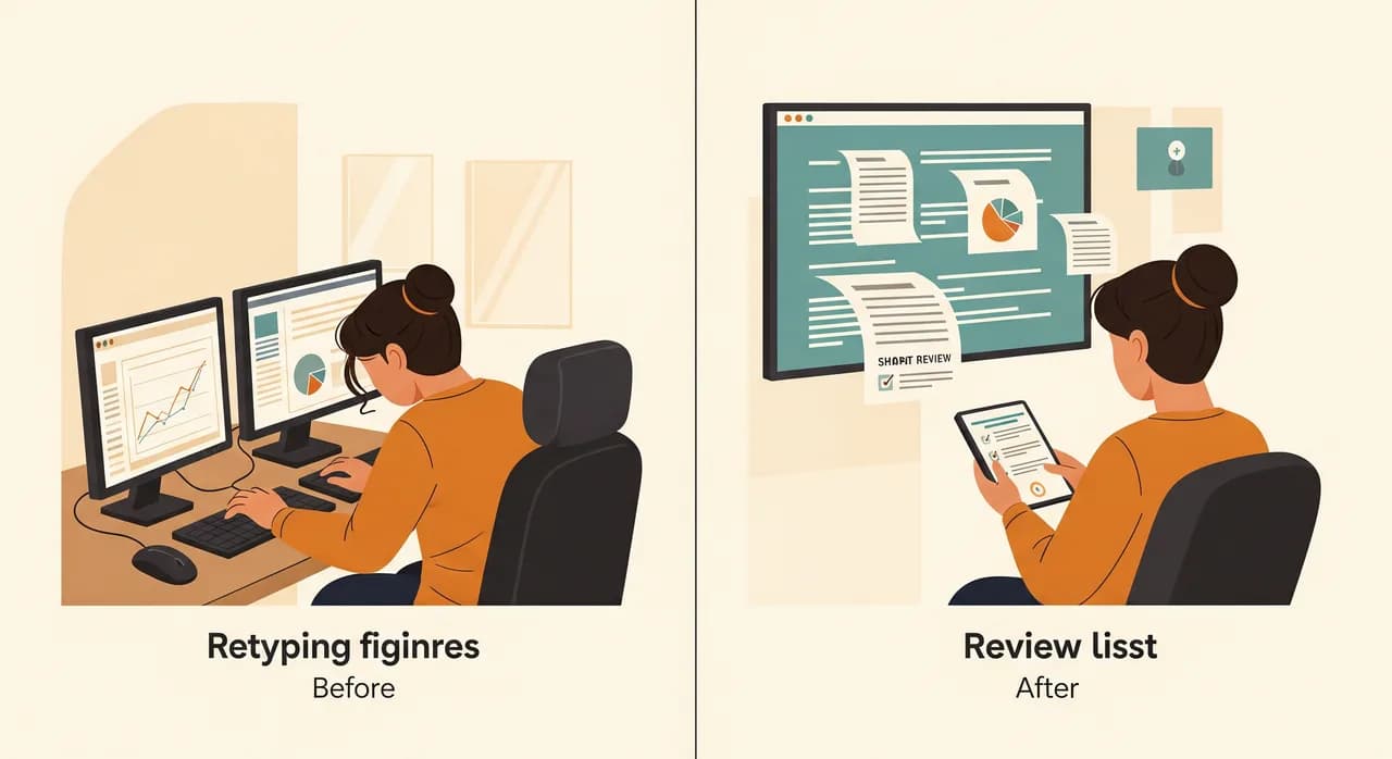A calm before-and-after split: on one side a person hunched over two screens retyping figures late in the day, on the other the same person relaxed, glancing at a short review list while the documents flow through on their own, warm hopeful editorial illustration