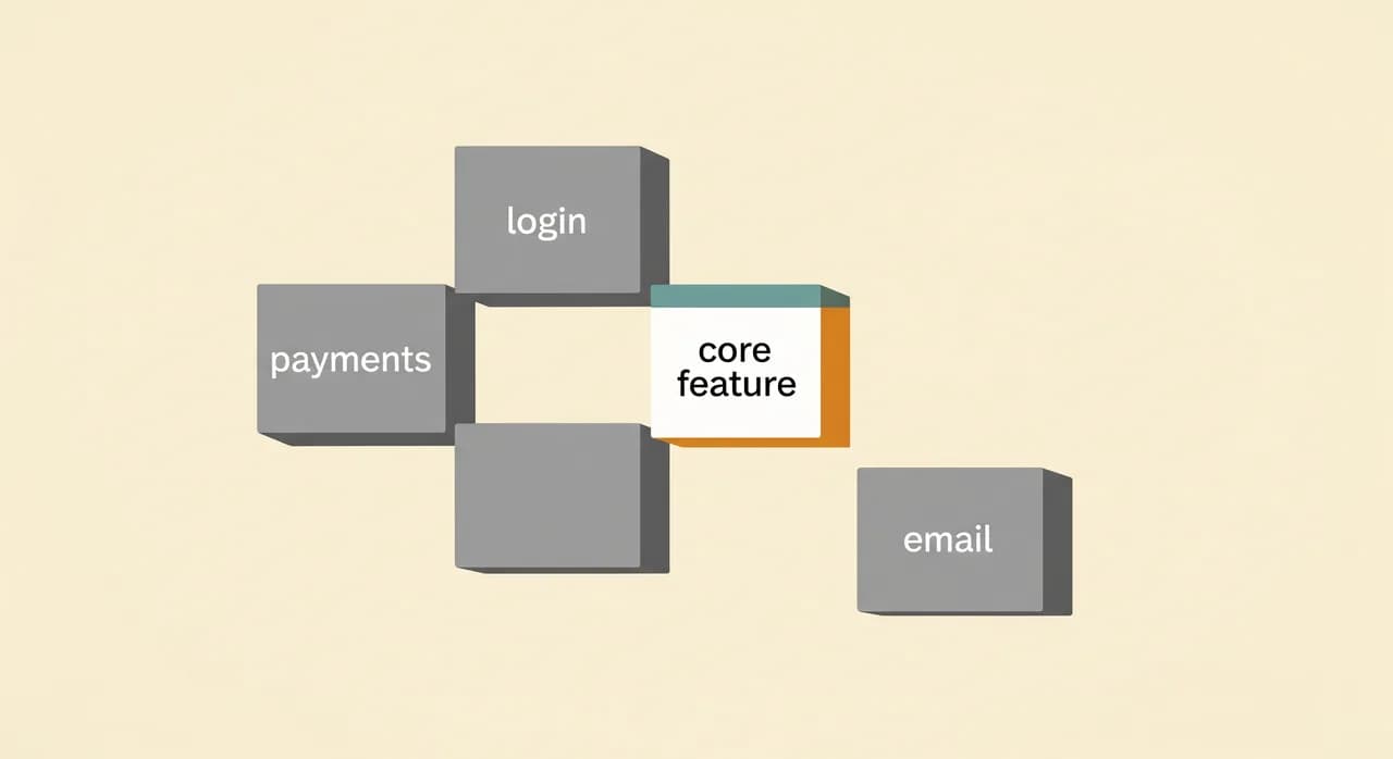 Un diagramma editoriale pulito di un piccolo prodotto software mostrato come mattoni da costruzione: alcuni mattoni grigi standard etichettati accesso, pagamenti ed email, e un mattone luminoso e distinto al centro etichettato funzionalità centrale