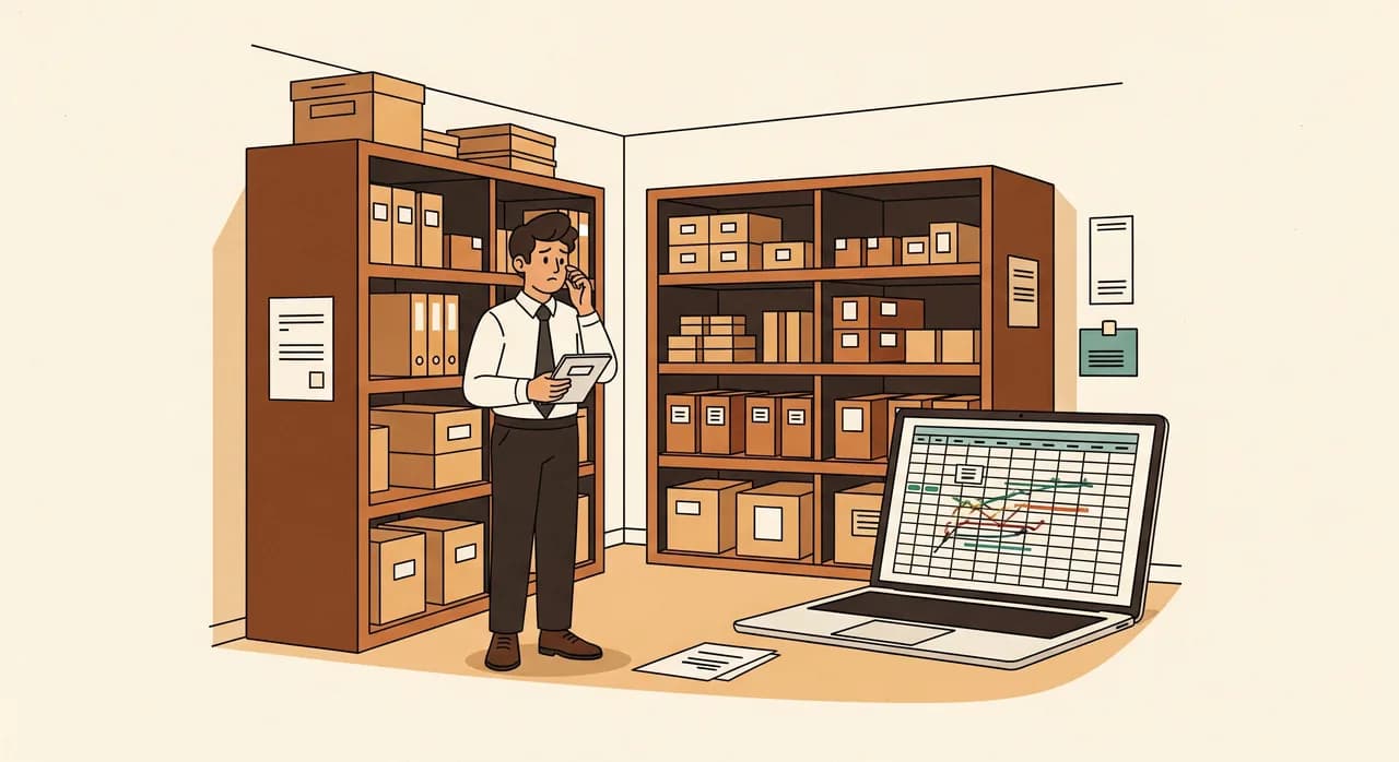 Ein kleines Lager, in dem ein besorgter Unternehmer zwischen ordentlich beschrifteten Regalen und einem Laptop mit einer chaotischen Tabelle steht, warmes Tageslicht, klarer redaktioneller Illustrationsstil