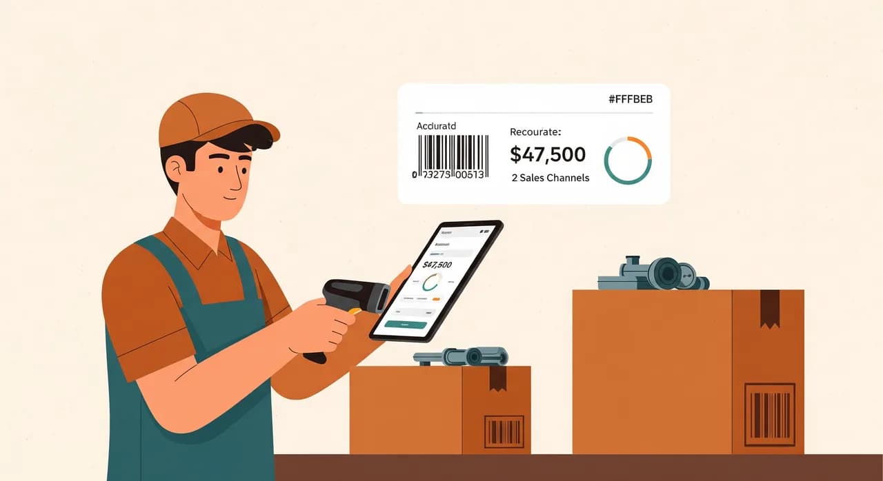 Ein Lagermitarbeiter scannt mit einem Tablet einen Barcode auf einem Teilekarton, ein klares Dashboard-Overlay zeigt eine genaue Bestandszahl, die zwei Verkaufskanäle abgleicht, optimistische und aufgeräumte redaktionelle Illustration