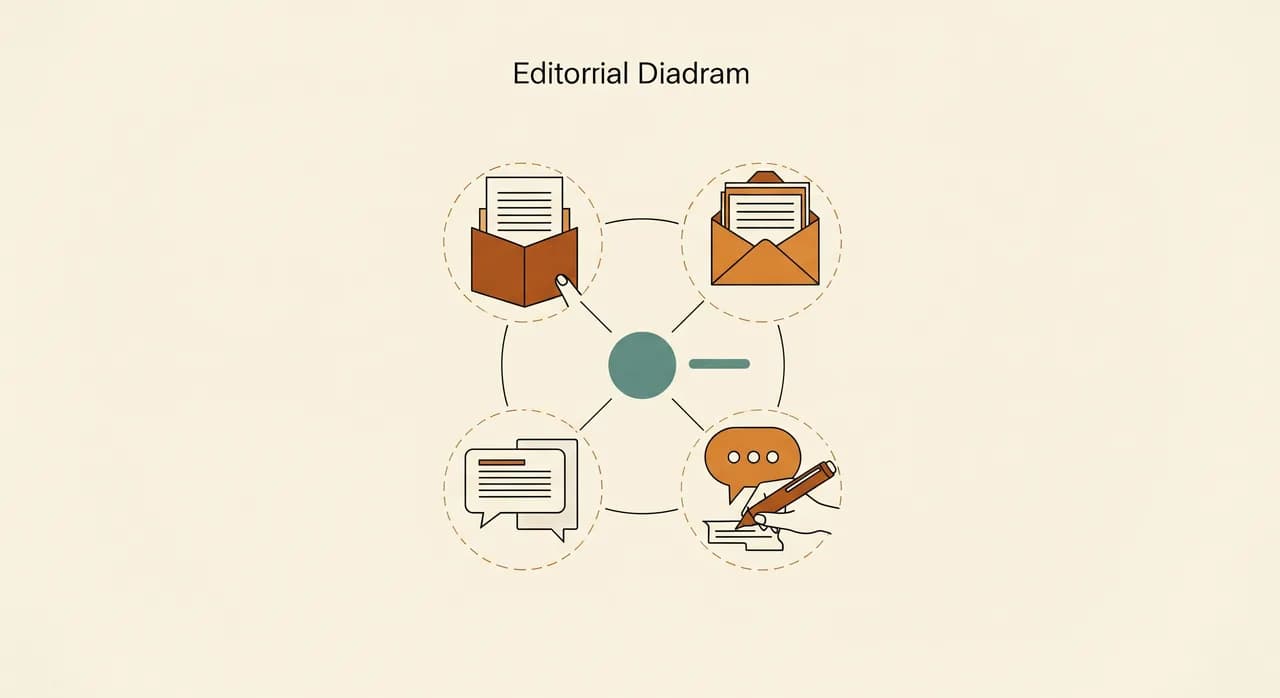 Ein klares redaktionelles Diagramm mit vier Symbolen — ein gelesenes Dokument, ein in Ordner sortierter Umschlag, ein Stift, der Text entwirft, und eine Sprechblase — um einen zentralen Knoten angeordnet, in minimalistischem Zweifarben-Stil