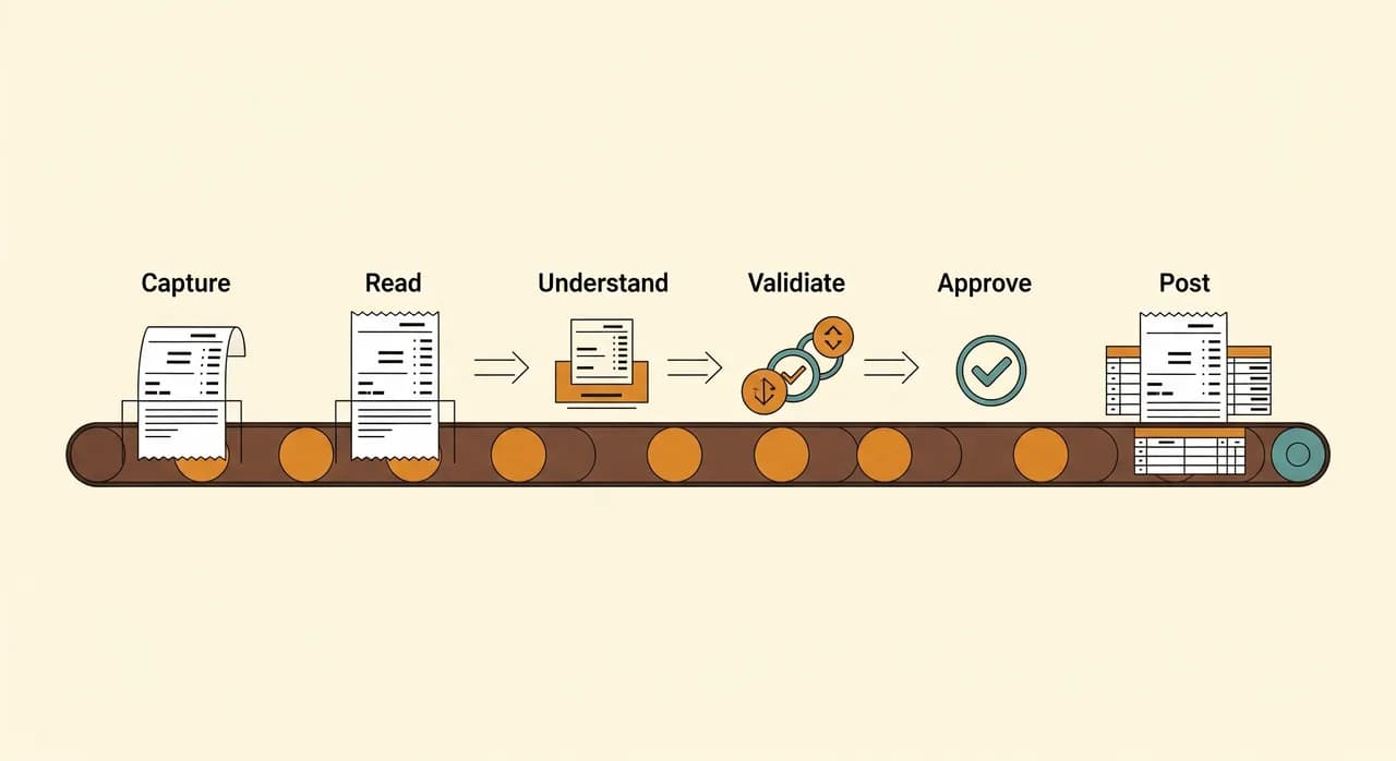 Ein klares horizontales Fließband-Diagramm, das einen Papierbeleg zeigt, der sich Schritt für Schritt in einen strukturierten Buchhaltungseintrag verwandelt, mit sechs beschrifteten Stationen: Erfassen, Lesen, Verstehen, Prüfen, Freigeben, Verbuchen, gezeichnet in einem ruhigen, flachen Editorial-Stil