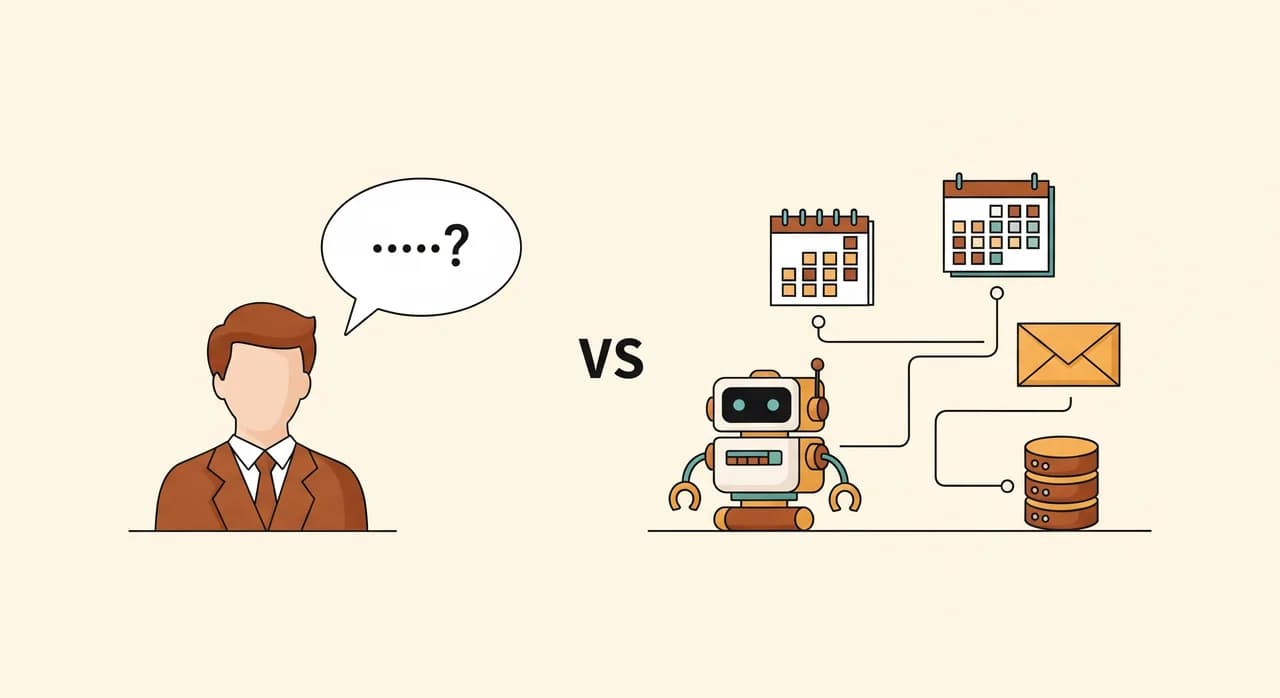 Eine klare redaktionelle Illustration, die zwei Figuren gegenüberstellt: links eine einfache Sprechblase, die eine einzelne Frage beantwortet, rechts ein kleiner Roboter, der durch Linien mit einem Kalender, einem E-Mail-Umschlag und einer Datenbank verbunden ist und mehrere Schritte nacheinander ausführt